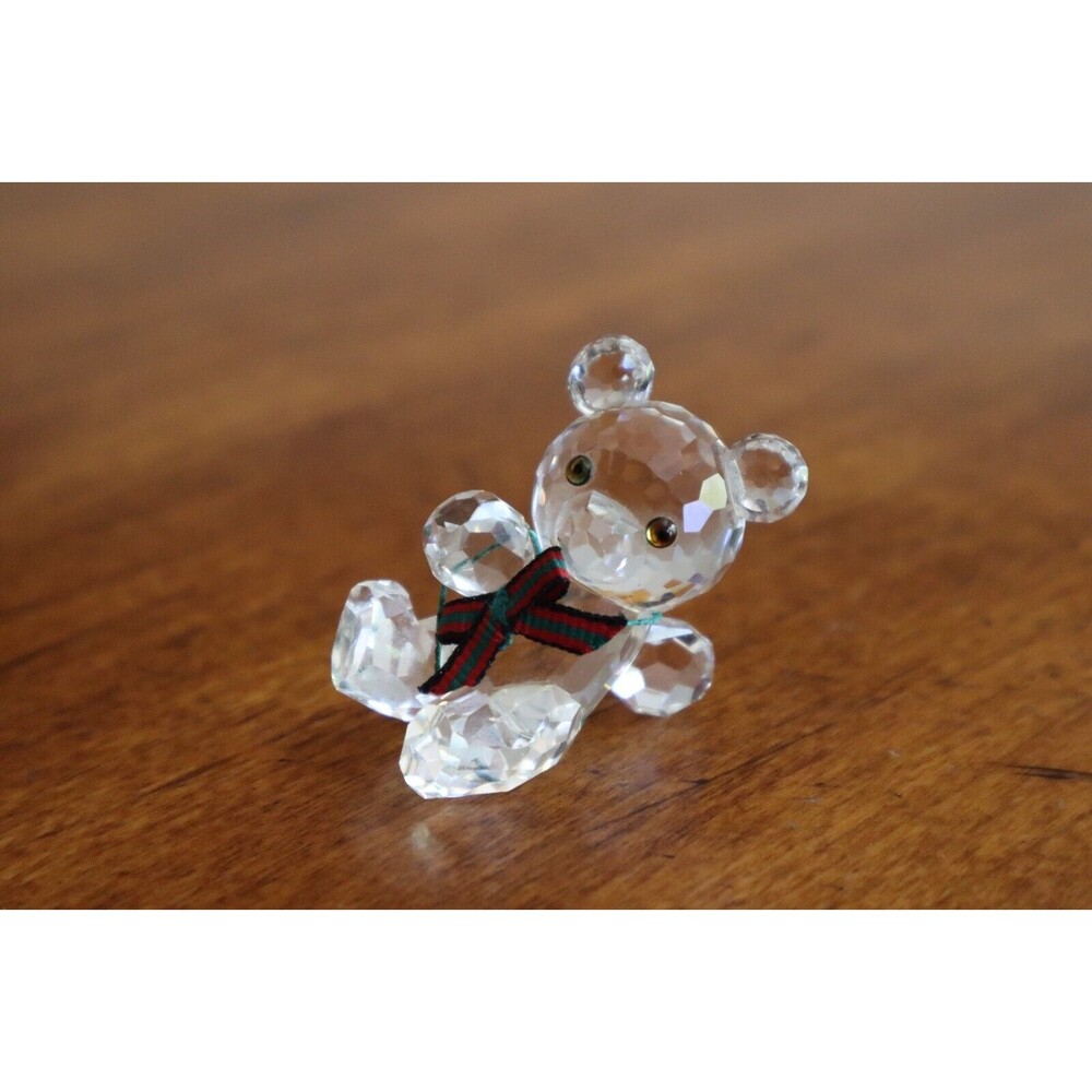 Vintage Swarovski Crystal KRIS BEAR w/ Red Plaid Bow Christmas Laying Down